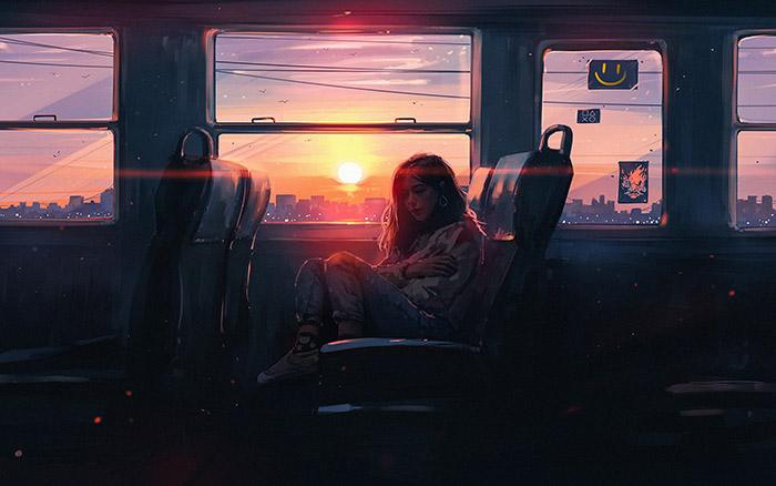 Hình ảnh cô gái buồn trên xe buýt